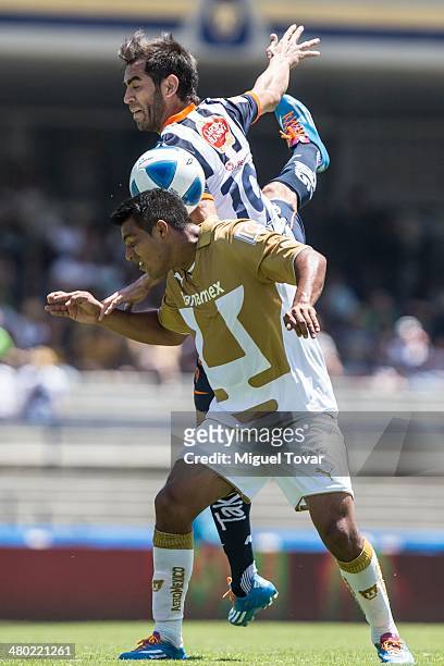 Javier Cortes of Pumas fights for the ball with Cesar Delgado of Monterrey during a match between Pumas UNAM and Monterrey as part of the round 12th...