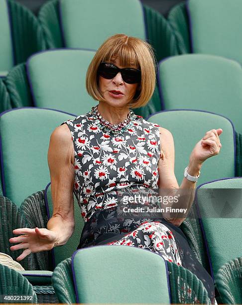 Anna Wintour attends day eleven of the Wimbledon Lawn Tennis Championships at the All England Lawn Tennis and Croquet Club on July 10, 2015 in...