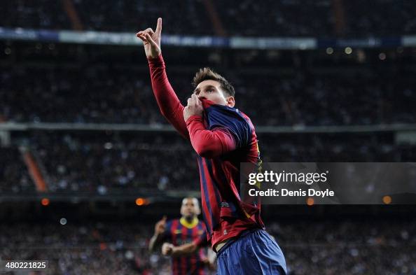 Lionel Messi of Barcelona celebrates scoring his team's fourth goal