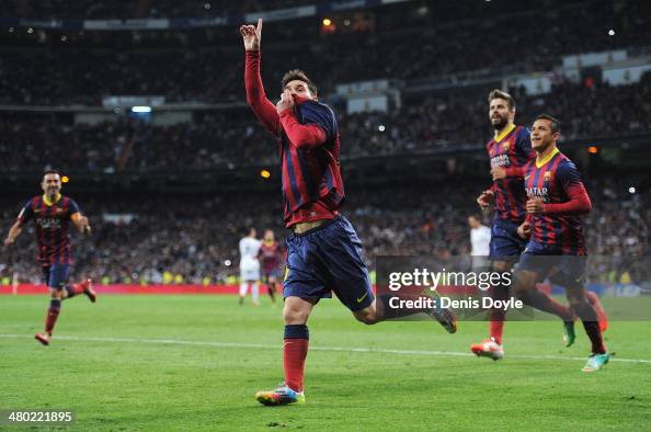 Lionel Messi of Barcelona celebrates scoring his team's fourth goal
