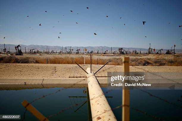 Swallows fly past a high pressure gas line crossing a canal in an oil field over the Monterey Shale formation where gas and oil extraction using...