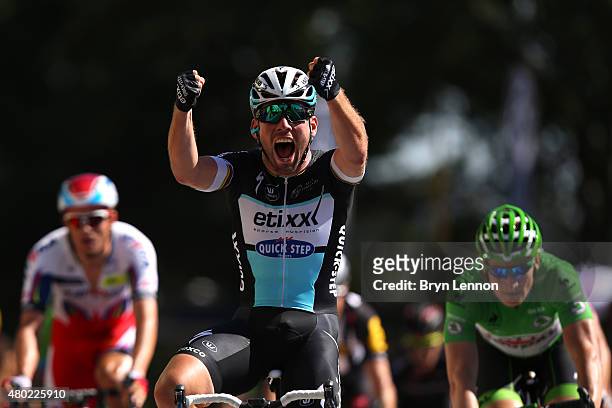 Mark Cavendish of Great Britain and Etixx-Quick Step celebrates his victory following the sprint finish during stage seven of the 2015 Tour de...