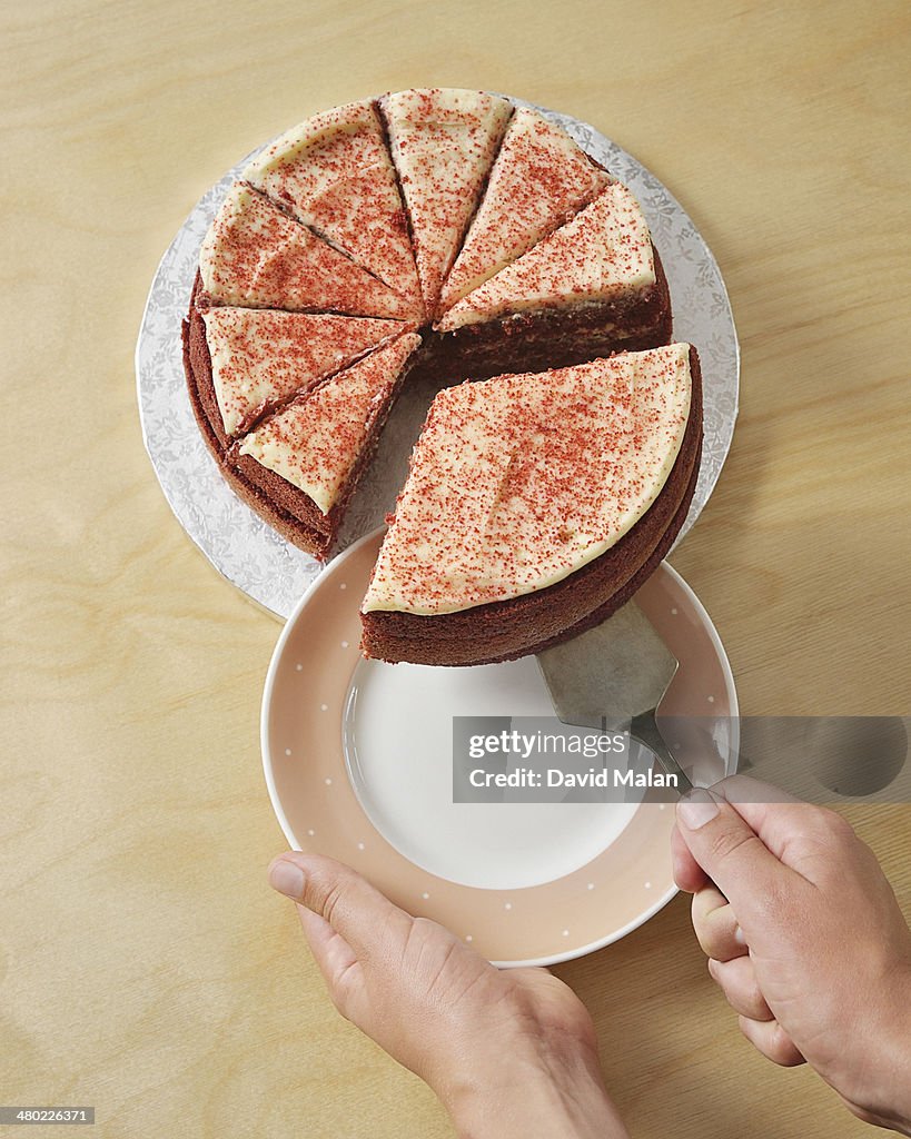 Biggest slice of cake being lifted onto plate