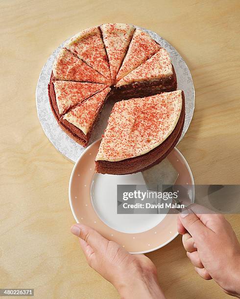 biggest slice of cake being lifted onto plate - taartpunt stockfoto's en -beelden