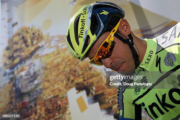 Alberto Contador of Spain riding for Tinkoff-Saxo arrives at sign in for stage seven of the 2015 Tour de France from Livarot to Fougeres on July 10,...