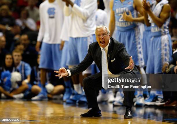 Head coach Roy Williams of the North Carolina Tar Heels reacts during the third round of the 2014 NCAA Men's Basketball Tournament against the Iowa...