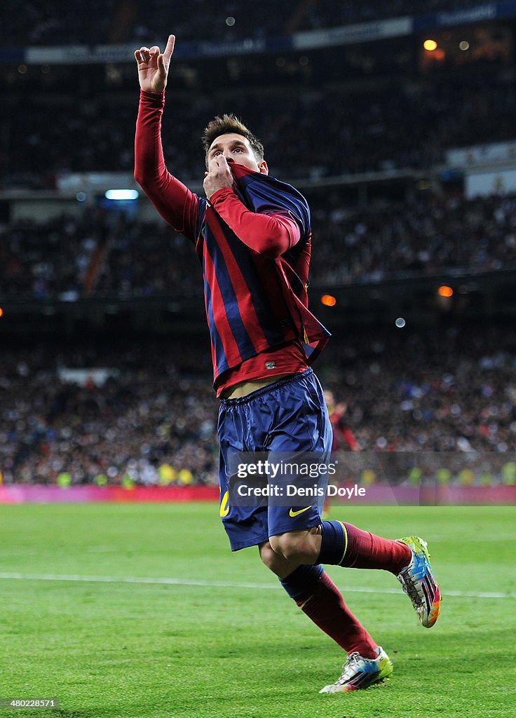 Lionel Messi of Barcelona celebrates scoring his team's fourth goal