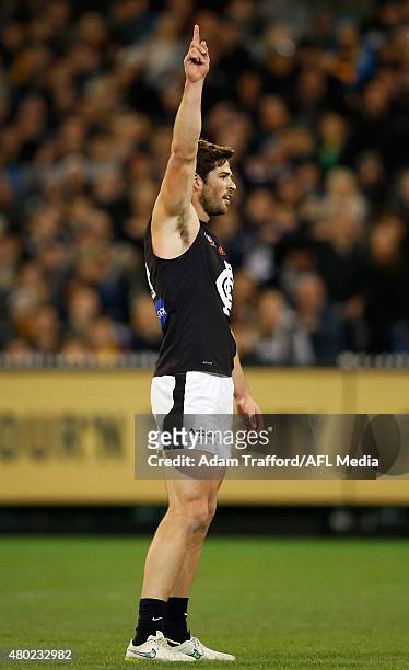 Levi Casboult of the Blues celebrates a goal during the 2015 AFL round 15 match between the Richmond Tigers and the Carlton Blues at the Melbourne...