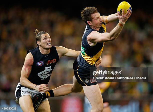 Dylan Grimes of the Tigers marks the ball ahead of Andrejs Everitt of the Blues during the 2015 AFL round 15 match between the Richmond Tigers and...