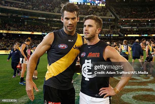 Alex Rance of the Tigers chats with Marc Murphy of the Blues after the 2015 AFL round 15 match between the Richmond Tigers and the Carlton Blues at...