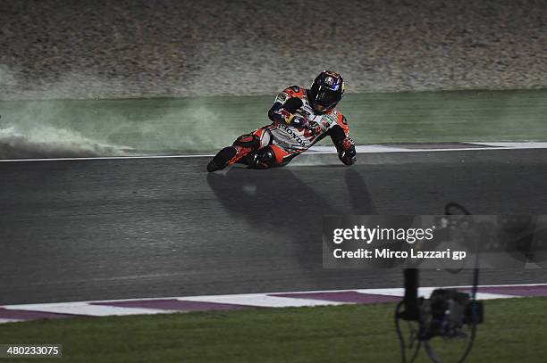 Stefan Bradl of Germany and LCR Honda MotoGP crashes out during the MotoGP race during the MotoGp of Qatar - Race at Losail Circuit on March 23, 2014...