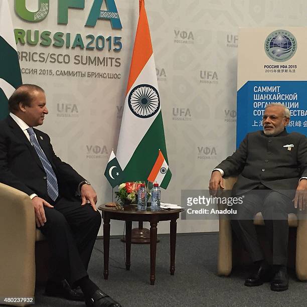 Pakistani Prime Minister Muhammad Nawaz Sharif and India's Prime Minister Narendra Modi meet during Shanghai Cooperation Organization summit in Ufa...