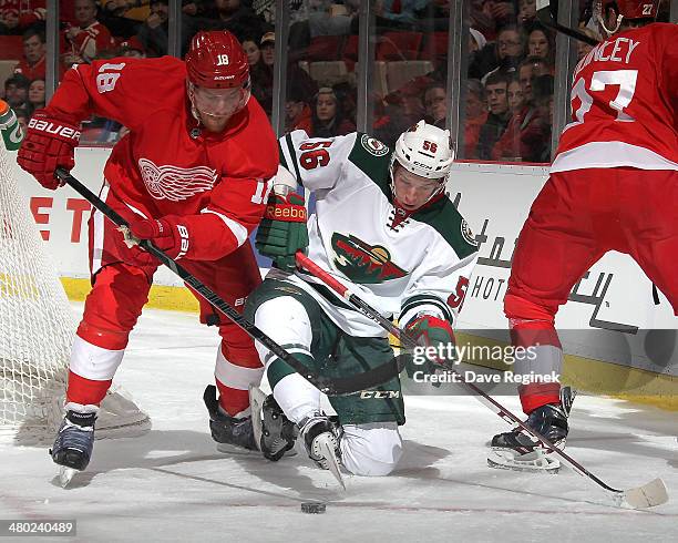 Joakim Andersson of the Detroit Red Wings and Erik Haula of the Minnesota Wild battle for the puck during an NHL game on March 23, 2014 at Joe Louis...