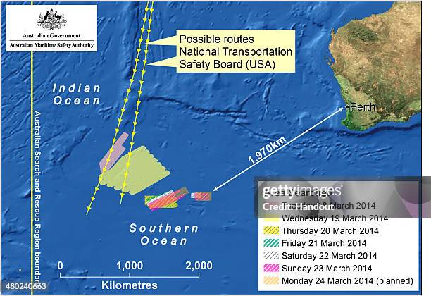 This handout Satellite image made available by the AMSA shows a map of the planned search area for missing Malaysian Airlines Flight MH370 on March...