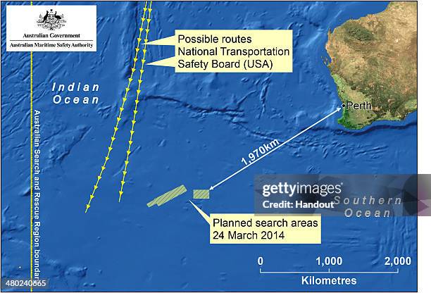 This handout Satellite image made available by the AMSA shows a map of the planned search area for missing Malaysian Airlines Flight MH370 on March...