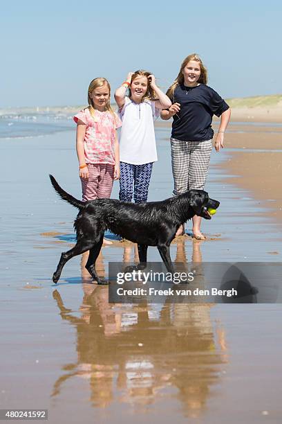 Princess Ariane, Princess Alexia and Princess Amalia of The Netherlands and one of their dogs pose for pictures on July 10, 2015 in Wassenaar,...