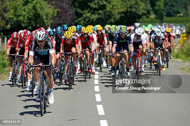 Michal Golas of Poland riding for Etixx-QuickStep drives the peloton in pursuit of the breakaway during stage seven of the 2015 Tour de France from...