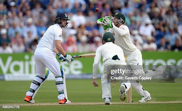 Jos Buttler of England is caught out by Brad Haddin of Australia during day three of the 1st Investec Ashes Test match between England and Australia...