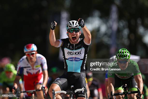 Mark Cavendish of Great Britain and Etixx-Quick Step celebrates his victory following the sprint finish during stage seven of the 2015 Tour de...