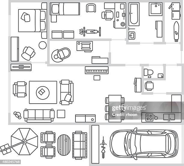 vector image set of furniture, appliances and car - architect stock illustrations