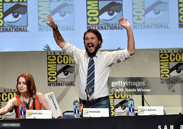Actress Felicia Day and actor Wil Wheaton speak onstage during "Con Man" The Fan Revolt 13 Years In The Making panel during Comic-Con International...