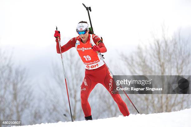 Ann Kristin Aafedt Flatland of Norway competes during the IBU Biathlon World Cup Women's 12.5 kilometer Mass Start race on March 23, 2014 in Oslo,...
