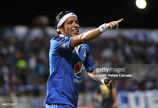Dayro Moreno of Millonarios celebrates a scored goal against Fortaleza FC during a match between Millonarios and Fortaleza FC as part of the Liga...