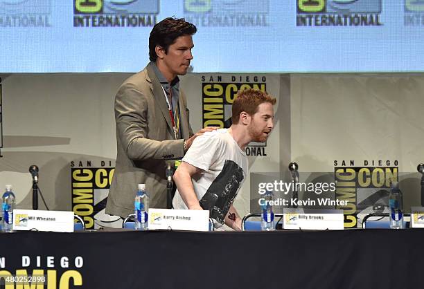 Actors Michael Trucco and Seth Green speak onstage during "Con Man" The Fan Revolt 13 Years In The Making panel during Comic-Con International 2015...