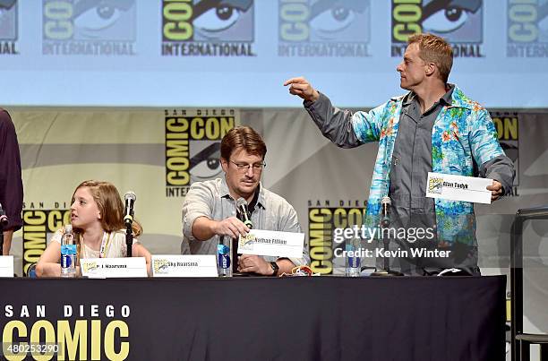 Actors Sky Haarsma, Nathan Fillion and Alan Tudyk speak onstage during "Con Man" The Fan Revolt 13 Years In The Making panel during Comic-Con...