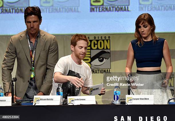 Actor Michael Trucco, actor Seth Green and actress Alison Haislip speak onstage during "Con Man" The Fan Revolt 13 Years In The Making panel during...