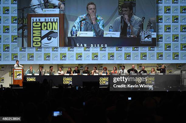 Host Chris Hardwick moderates the "Con Man" The Fan Revolt 13 Years In The Making panel during Comic-Con International 2015 at the San Diego...