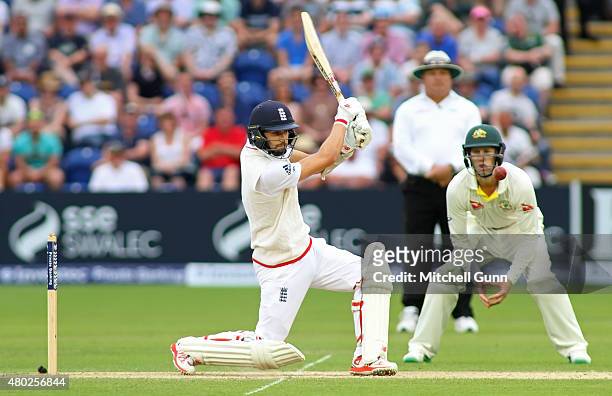 Mark Wood of England plays a shot during day three of the 1st Investec Ashes Test match between England and Australia at SWALEC Stadium on July 10,...
