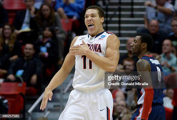 Aaron Gordon of the Arizona Wildcats reacts in the first half against the Gonzaga Bulldogs during the third round of the 2014 NCAA Men's Basketball...