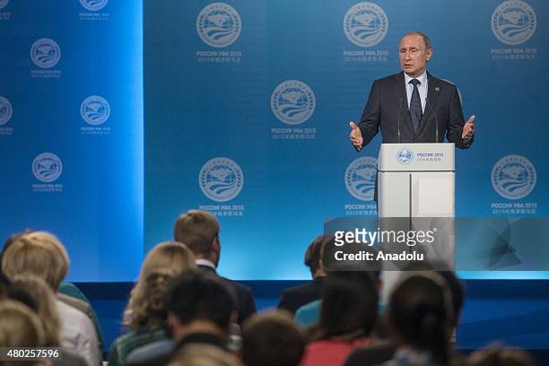 Russian President Vladimir Putin delivers a speech during Shanghai Cooperation Organization summit in Ufa on July 10, 2015.