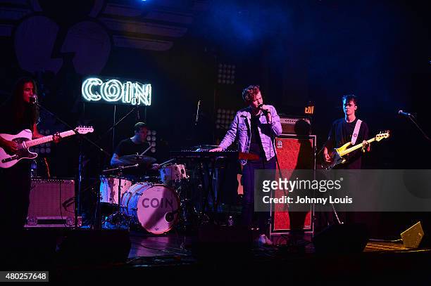 Joe Memmel, Ryan Winnen, Chase Lawrence and Zach Dyke of COIN performs during An Intimate Night Out at Revolution Live on July 9, 2015 in Fort...