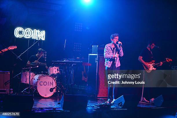 Joe Memmel, Ryan Winnen, Chase Lawrence and Zach Dyke of COIN performs during An Intimate Night Out at Revolution Live on July 9, 2015 in Fort...