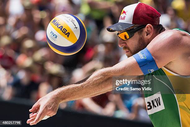Alison Conte Cerutti of Brasil receives the ball during the Swatch Beach Volleyball Major Series on July 10, 2015 in Gstaad, Switzerland.