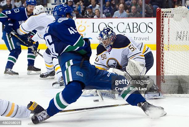 Nicklas Jensen of the Vancouver Canucks gets a weak shot on goalie Nathan Lieuwen of the Buffalo Sabres after getting tripped on the play during the...