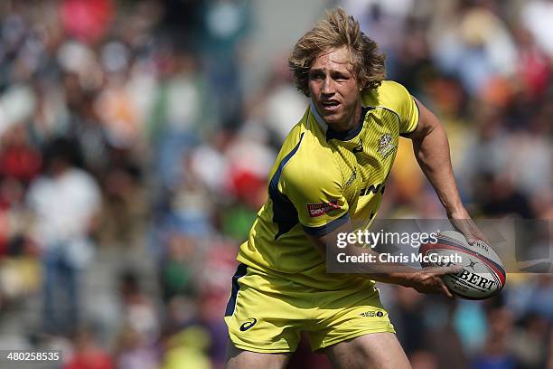 Jesse Parahi 32 of Australia gets a pass away against Kenya during the Tokyo Sevens, in the six round of the HSBC Sevens World Series at the Prince...