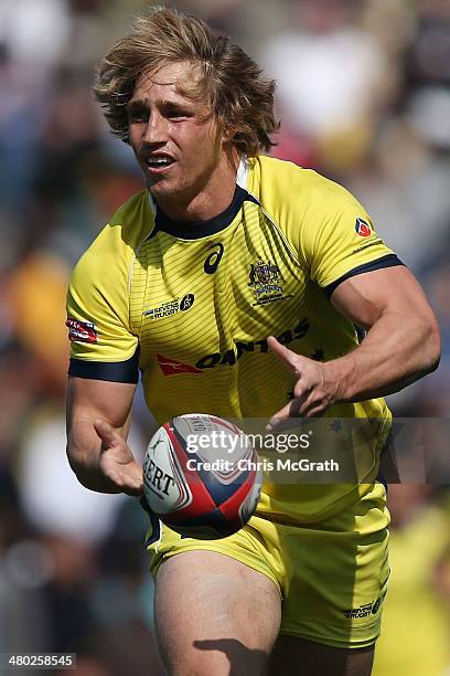 Jesse Parahi 32 of Australia gets a pass away against Kenya during the Tokyo Sevens, in the six round of the HSBC Sevens World Series at the Prince...