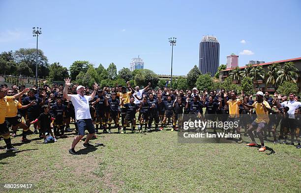 Laureus Academy Member Sean Fitzpatrick leads a 'haka' alongside Alexey Nemov, Daley Thompson and Morne du Plessis and players during the LWSA COBRA...