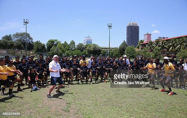 Laureus Academy Member Sean Fitzpatrick leads a 'haka' alongside Alexey Nemov, Daley Thompson and Morne du Plessis and players during the LWSA COBRA...
