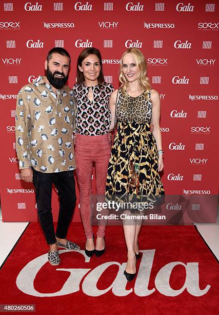 Andreas Haumesser, Nadine Warmuth and Anne Meyer-Minnemann attend the GALA Fashion Brunch Summer 2015 at Ellington Hotel on July 10, 2015 in Berlin,...