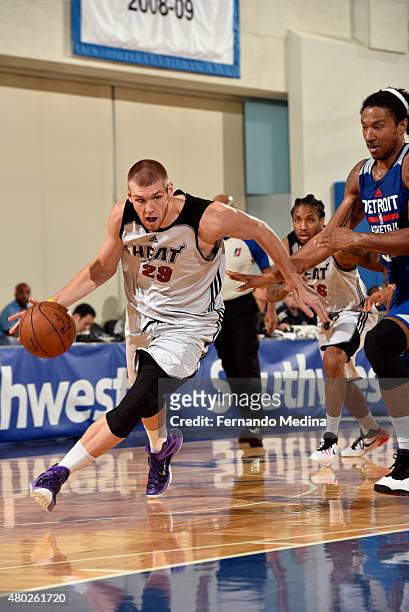 Seth Tuttle of the Miami Heat drives to the basket against the Detroit Pistons on July 10, 2015 at Amway Center in Orlando, Florida. NOTE TO USER:...
