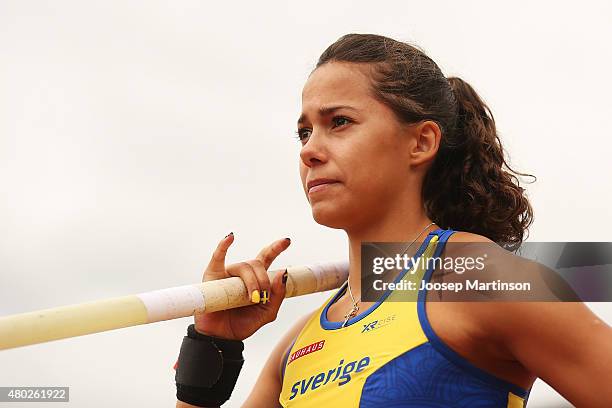 Angelica Bengtsson of Sweden looks on during Women's Pole Vault on day two of the European Athletics U23 Championships at Kadriorg Stadium on July 9,...