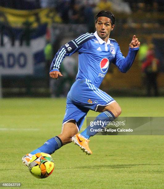 Fabian Vargas of Millonarios in action during a match between Millonarios and Fortaleza FC as part of Liga Postobon I 2014 at the Metropolitano Techo...