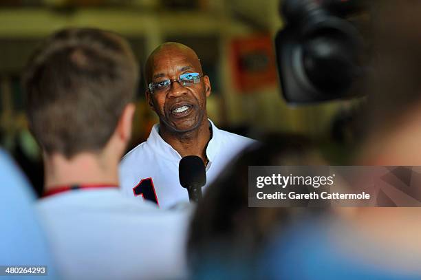 Laureus Academy Chairman Edwin Moses speaks to the media during the LWSA Special Olympics Project Visit part of the 2014 Laureus World Sports Awards...