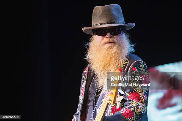Dusty Hill of ZZ Top performs on stage at The Moore Theater on March 23, 2014 in Seattle, Washington.