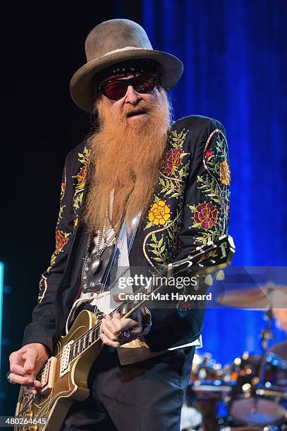 Billy Gibbons of ZZ Top performs on stage at The Moore Theater on March 23, 2014 in Seattle, Washington.