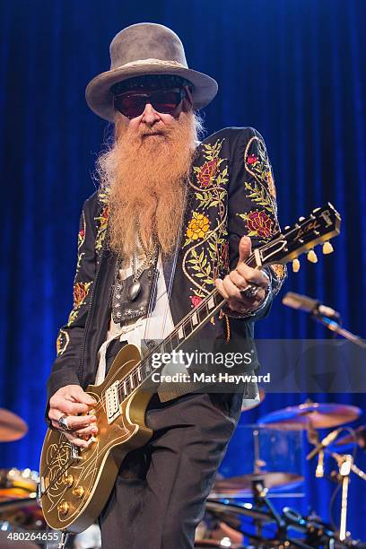 Billy Gibbons of ZZ Top performs on stage at The Moore Theater on March 23, 2014 in Seattle, Washington.